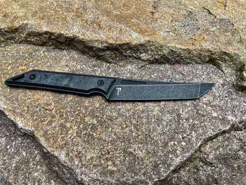 Goliath Pocket Fixed Blade, CPM-20CV Steel, DLC Black Stonewash Blade, Shredded Carbon Fiber Handle