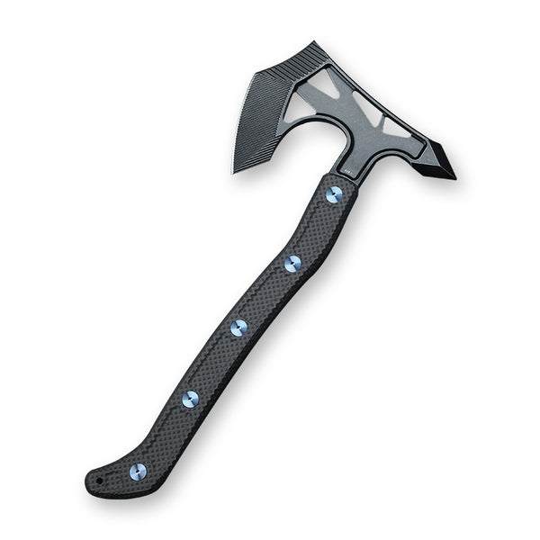 Ps2 Axe, AEB-L Steel, Unidirectional Carbon Fiber Handles, DLC Black Stonewash Finish, Blue Anodized Bolts