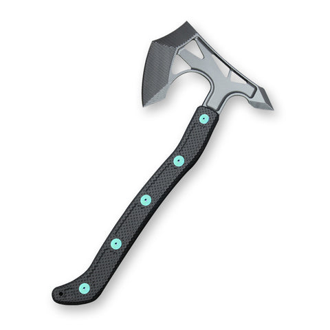 Ps2 Axe, AEB-L Steel, Unidirectional Carbon Fiber Handles, Stonewash Finish, Green Anodized Bolts