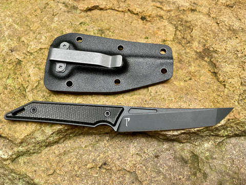 Black/Black Goliath Pocket Fixed Blade, CPM-20CV Steel, Black Micarta Handle w/ DLC Black Stonewash Finish