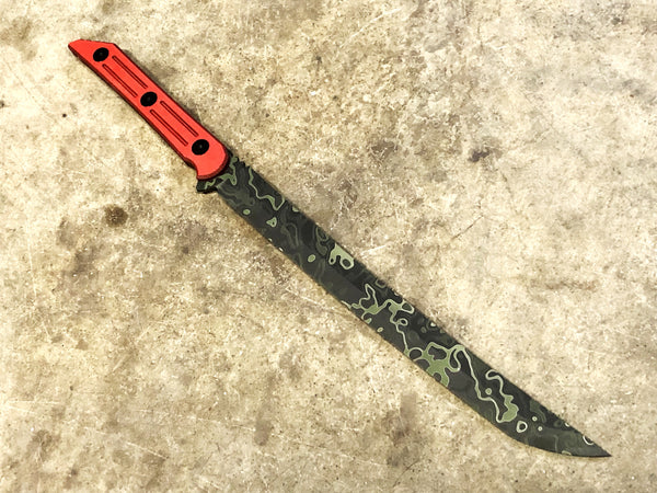 Kwaichete, 154CM Steel, Cerakote in RELV Camo's Marauder Pattern, Ruby Red SureTouch Handle, Kydex Sheath