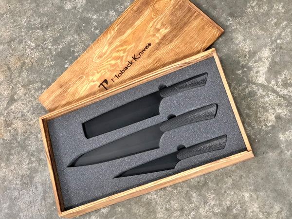 Tactical Kitchen Knives, Set of 3, Carbon Fiber Handles, PVD Black Blades