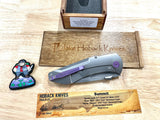 Stonewash/Purple Summit, Titanium w/ Stonewash Finish, M390 Blade Steel, Stonewash Finish, Purple Anodized Accents