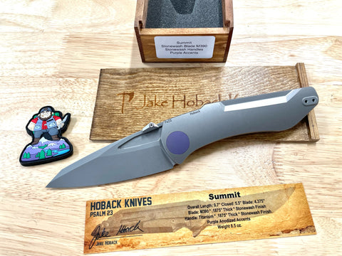 Stonewash/Purple Summit, Titanium w/ Stonewash Finish, M390 Blade Steel, Stonewash Finish, Purple Anodized Accents